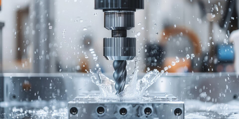 CNC machine in operation with coolant splashing, showcasing the precision and efficiency of modern machining in a high-tech manufacturing environment..