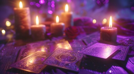 tarot cards on an esoteric style table with lit candles and purple atmosphere