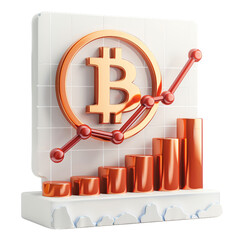 3D illustration of Bitcoin symbol with ascending bar chart and graph, representing cryptocurrency growth and financial success.