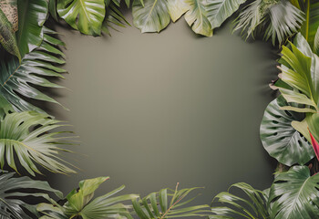 tropical forest background, jungle background with border made of tropical leaves with empty space in center, copy space.