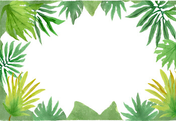 watercolor tropical forest background, jungle background with border made of tropical leaves with empty space in center, copy space.