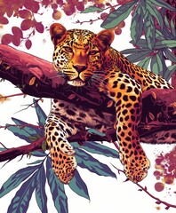 Leopard resting on a tree branch with vibrant foliage, depicted in a detailed and colorful graphic style.