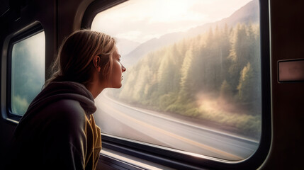 A beautiful tourist woman traveling on the train looking at the landscape from the window. Tourist travel concept. generative ai