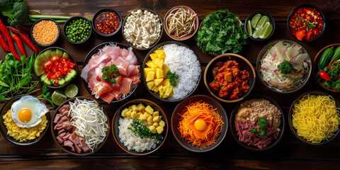 Fototapeta premium Assorted fresh ingredients arranged in bowls on a dark wooden table, showcasing a colorful variety of vegetables, meats, grains, and eggs, perfect for culinary inspiration and food preparation..