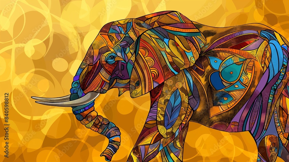 Poster a multicolored abstract elephant with intricate patterns on a vibrant golden background.