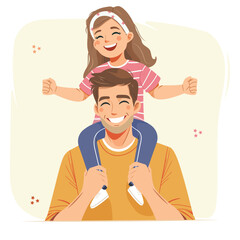 Happy father-s day. The daughter is sitting on the father's shoulders in flat style. Vector illustration