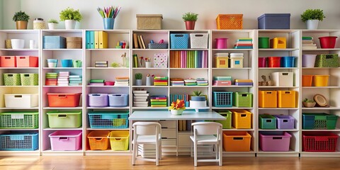 Organized craft room with colorful bins and containers against white shelves , craft room, organization, colorful, bins, containers, white shelves, storage, supplies, creative, tidy, neat