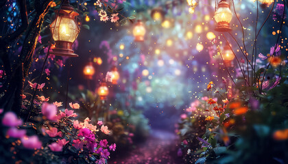 Two fairies are dancing in a forest with flowers and lanterns