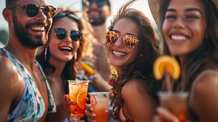 happy friends at summer beach party drinking cocktails