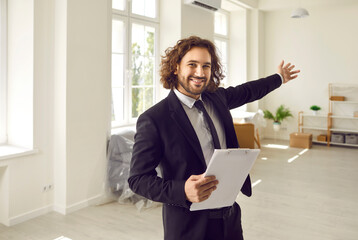 POV point of view shot of happy friendly man professional real estate agent in suit with clipboard...
