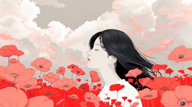 A serene woman with dark hair stands amidst a field of vibrant red poppies under a cloudy sky, evoking a sense of peace and tranquility.