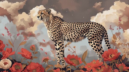 Obraz premium Artistic illustration of a cheetah standing among vibrant red flowers with a dramatic sky background, showcasing nature's beauty and strength.