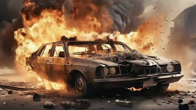 Explosive Impact: Car Bomb Chaos, Car Explodes in Fiery Blast