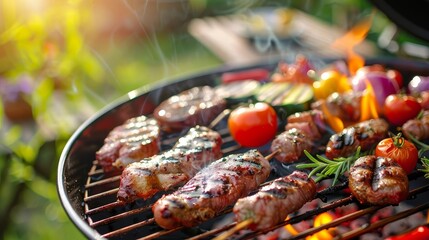 sizzling summer barbecue scene with juicy meats and fresh vegetables grilling perfect for family dinners or friendly gatherings
