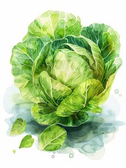 Fototapeta premium Vibrant watercolor painting of Cabbage with splashes of color adding a dynamic and artistic feel