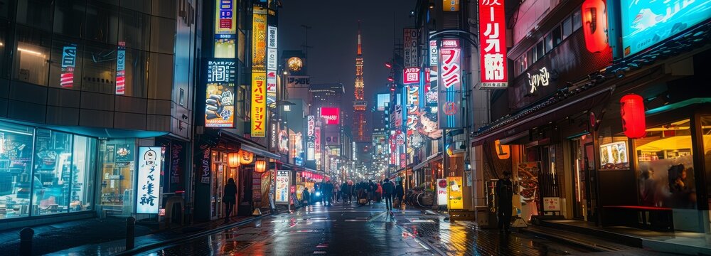Japan city street at night. neon lights and billboards 