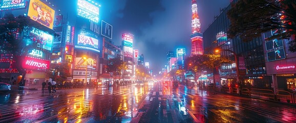 Japan city street at night. neon lights and billboards 