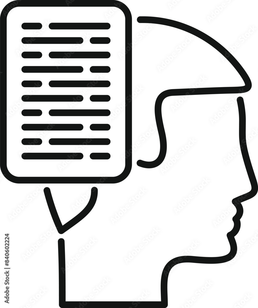 Poster conceptual line art of a person's profile with a document superimposed, symbolizing information proc