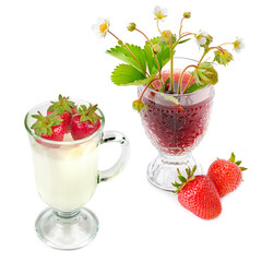 Strawberry juice and milkshake with strawberries isolated on white. Collage.