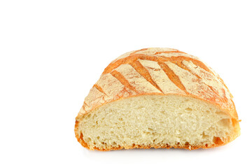 Food and drinks: single slice of fresh white wheat bread, isolated on white. Free space for text.
