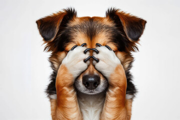 Fototapeta premium Funny Dog covers his nose and eyes with his paws Isolated on white background