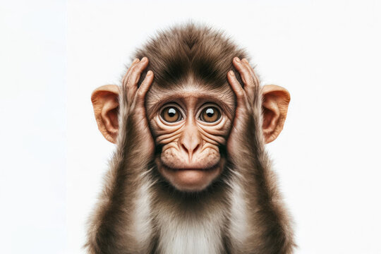 Funny monkey covers his ears with his paws Isolated on white background