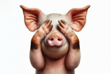Funny pig covers his eyes with his paws Isolated on white background