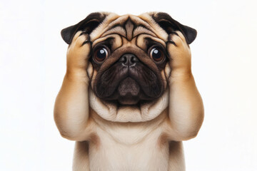 Funny pug dog covers his ears with his paws Isolated on white background
