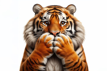 Fototapeta premium Funny Tiger covers his mouth with his paws Isolated on white background