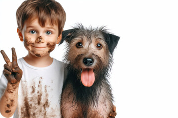 Portrait of a funny dog and a dirty child Isolated on white background