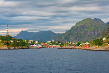 Beautiful view of a village Moskenes on Moskenesøya island, Lofoten islands, Nordland, Norway....