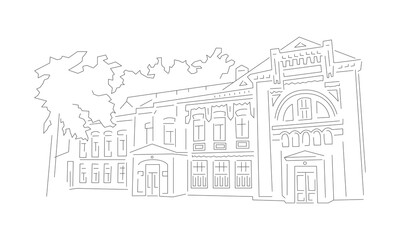 Hand drawn building sketch. Doodle of old city, downtown. Urban landscape, school, hospital or theater. Vector illustration on white background