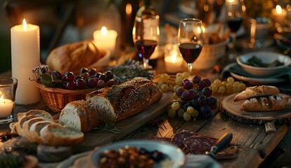 Fototapeta premium Rustic table set with an assortment of breads, grapes and wine in glasses. A couple is seen enjoying the evening together at home