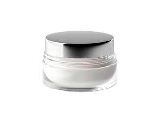 Close-up of a clear cosmetic jar mockups with a silver lid, containing cream. Ideal for skincare product advertisement and beauty industry promotions.