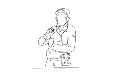 Continuous one line drawing of Man listening to music with old music player. Modern continuous line draw design graphic vector illustration
