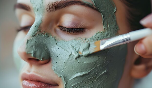 Woman getting a green clay mask facial treatment in a spa salon, closeup on her face with leaf and sea moss clay for skin care