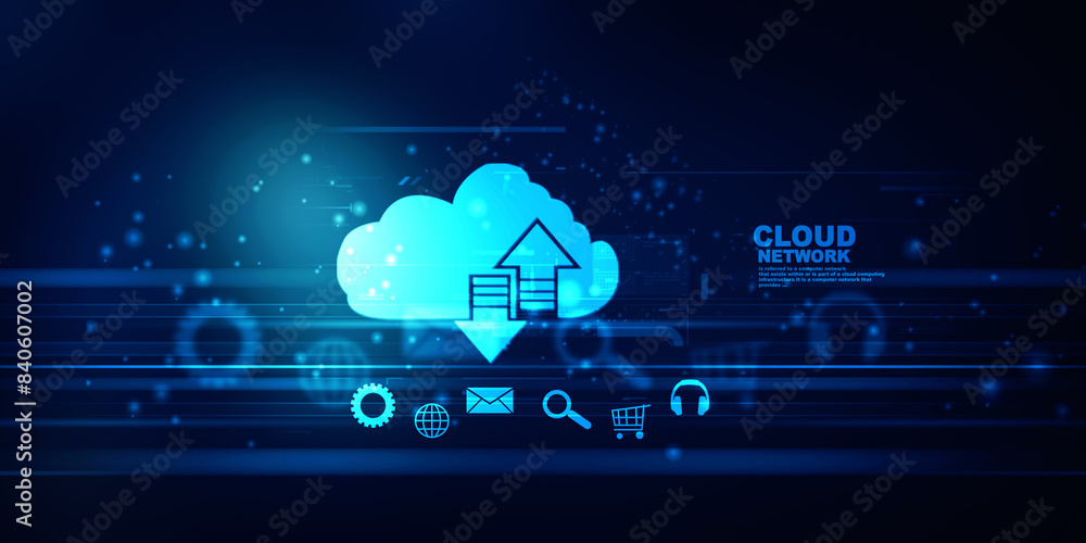 Poster 2d illustration uploading downloading arrow with cloud