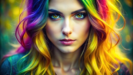 Portrait of a young woman with colorful dyed hair and intense yellow eyes, with a soft focus background, young, woman, portrait, colorful hair, dyed hair, yellow eyes, intense, soft focus