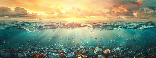 Fototapeta premium Seawater pollution, serious ocean pollution, marine garbage, World Environment Day, environmental protection theme, 4k high-definition wallpaper, generated by AI 