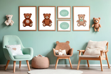 Stylish scandinavian kid room interior with toys, teddy bear, plush animal toys, mint armchair, furniture, decoration and child accessories. Brown wooden mock up poster frames on the wall. Template