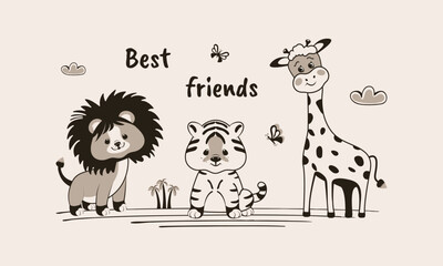 Children's drawing with cute animals. Giraffe, tiger cub, lion cub and butterflies. Greeting card, poster, banner. Best friends, vector design