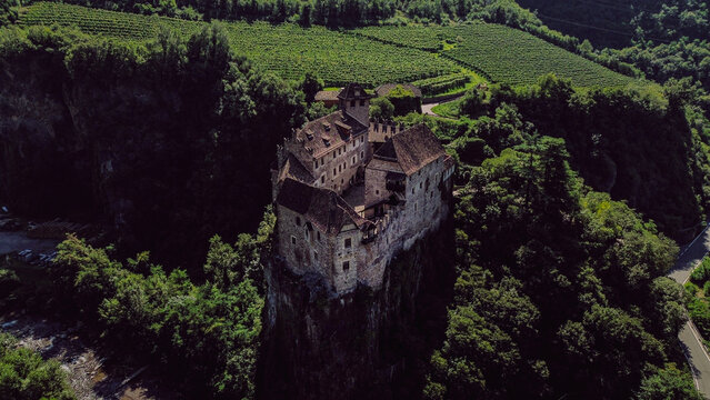 Castel Roncolo/Schloss Runkelstein; Aerial Photography of this majestic  castle on a cliff in the mountains of Bolzano Sotuh Tyrol, in Italy.