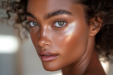Naklejka premium Illuminate the model's face with soft, natural light, highlighting the delicate contours of their skin. Enhance the glow with a subtle shimmering highlight.