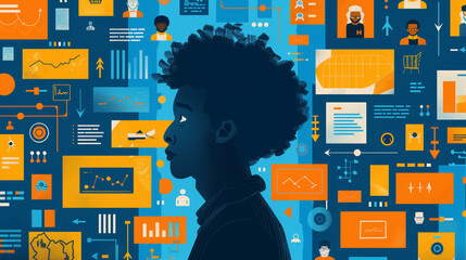 Artistic representation of a young African woman with a silhouette filled with vibrant, colorful infographics and data visuals symbolizing information processing or brainstorming.