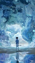 Obraz premium A child splashing in the blue ocean at the beach on a sunny summer day