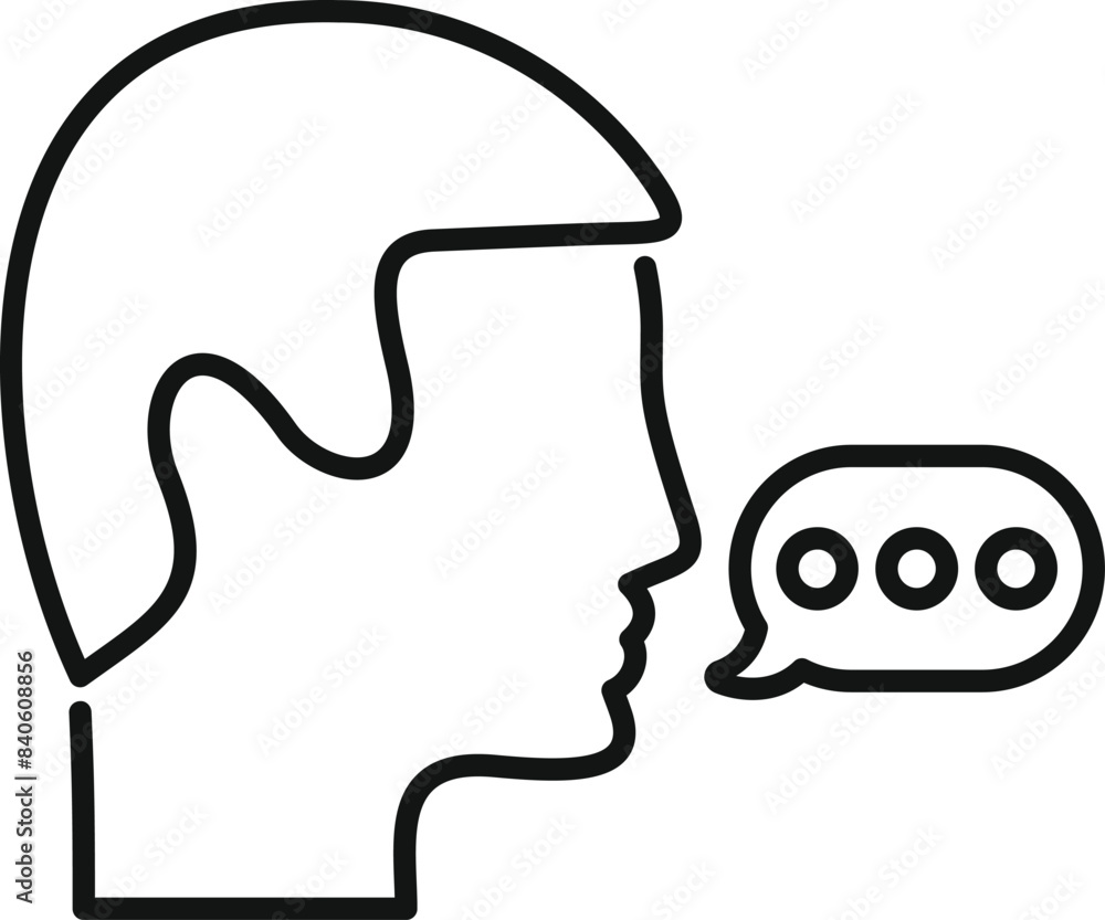Poster outline icon featuring a side view of a person's head with a speech bubble, representing communicati