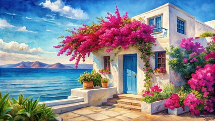 Watercolor painting of a beautiful house in Greece with a seaview, bougainvillea, and blue sky , Greece, watercolor painting, house, Seaview, alley, door, window, bougainvillea, houseplant