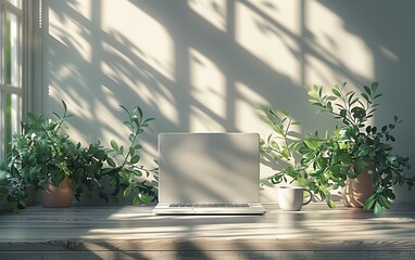 Minimalistic workspace with laptop and plants