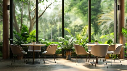 Fototapeta premium Modern Cafe Seating with Garden View