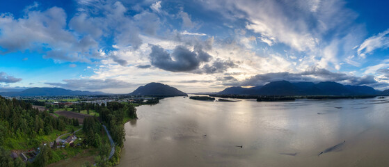 Aerial panorama of Canadian Mountain Landscape in Valley. Sunny Day.